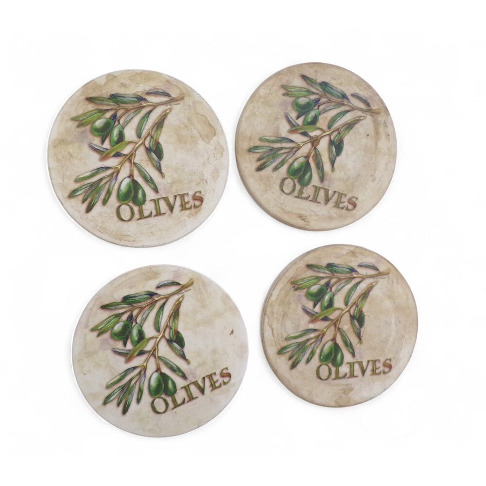 Ceramic Cork Bottom Coasters Set of 4 Olive Branch Design Matte Finish 4"